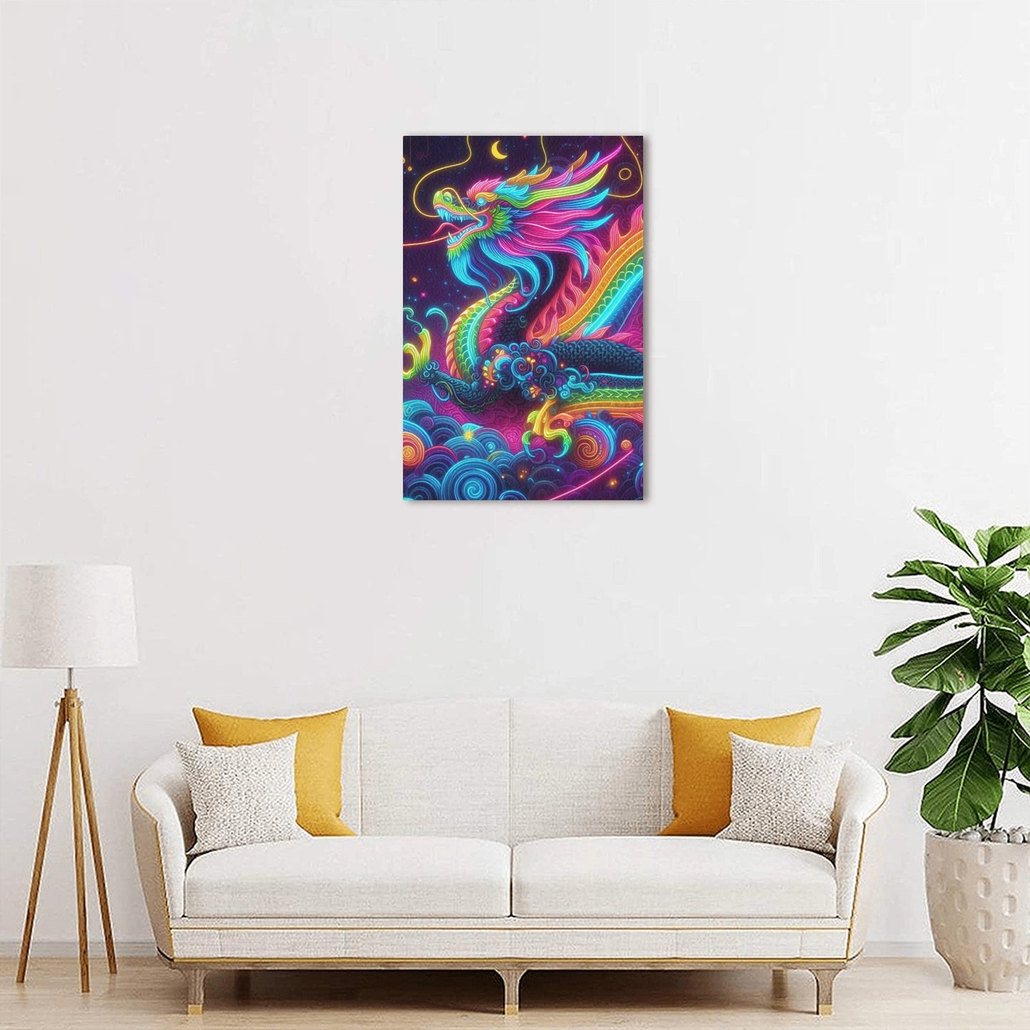 Neon Rainbow Dragon Framed Canvas Print - 12x18 inch