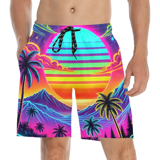 Neon Rainbow Sunset Men's Mid-Length Beach Shorts