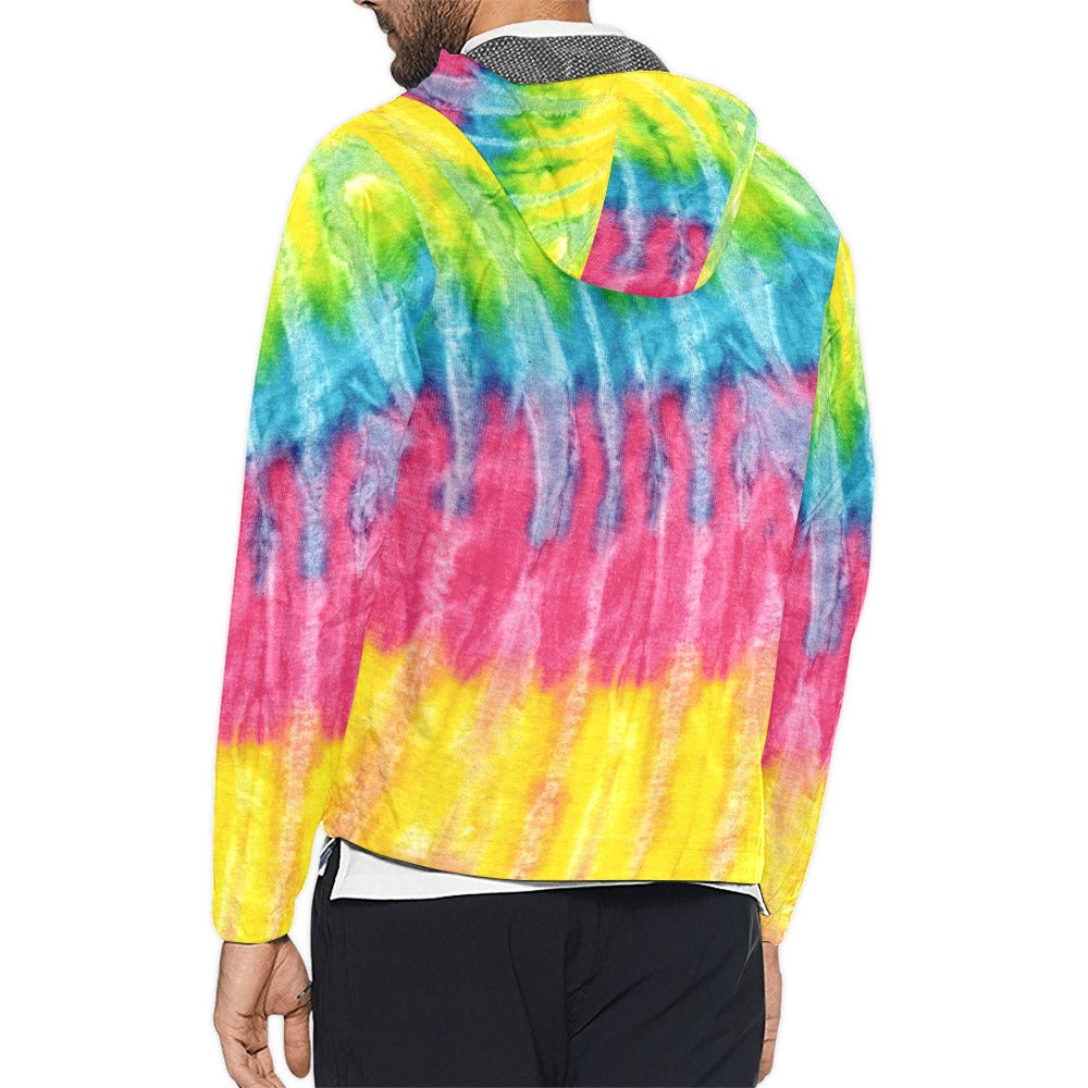 Neon Rainbow Tie-Dye Unisex Hooded Windbreaker