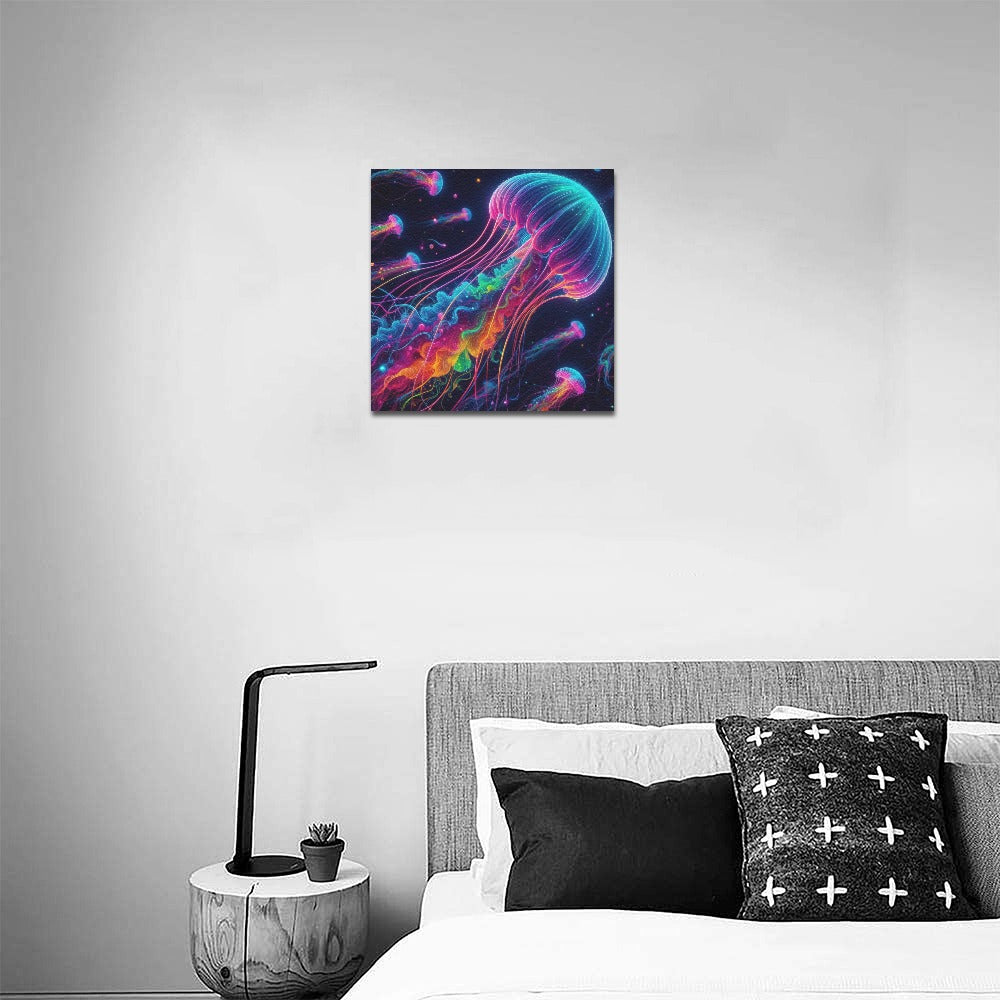 Neon Rainbow Jellyfish Framed Canvas Print 12"x12"