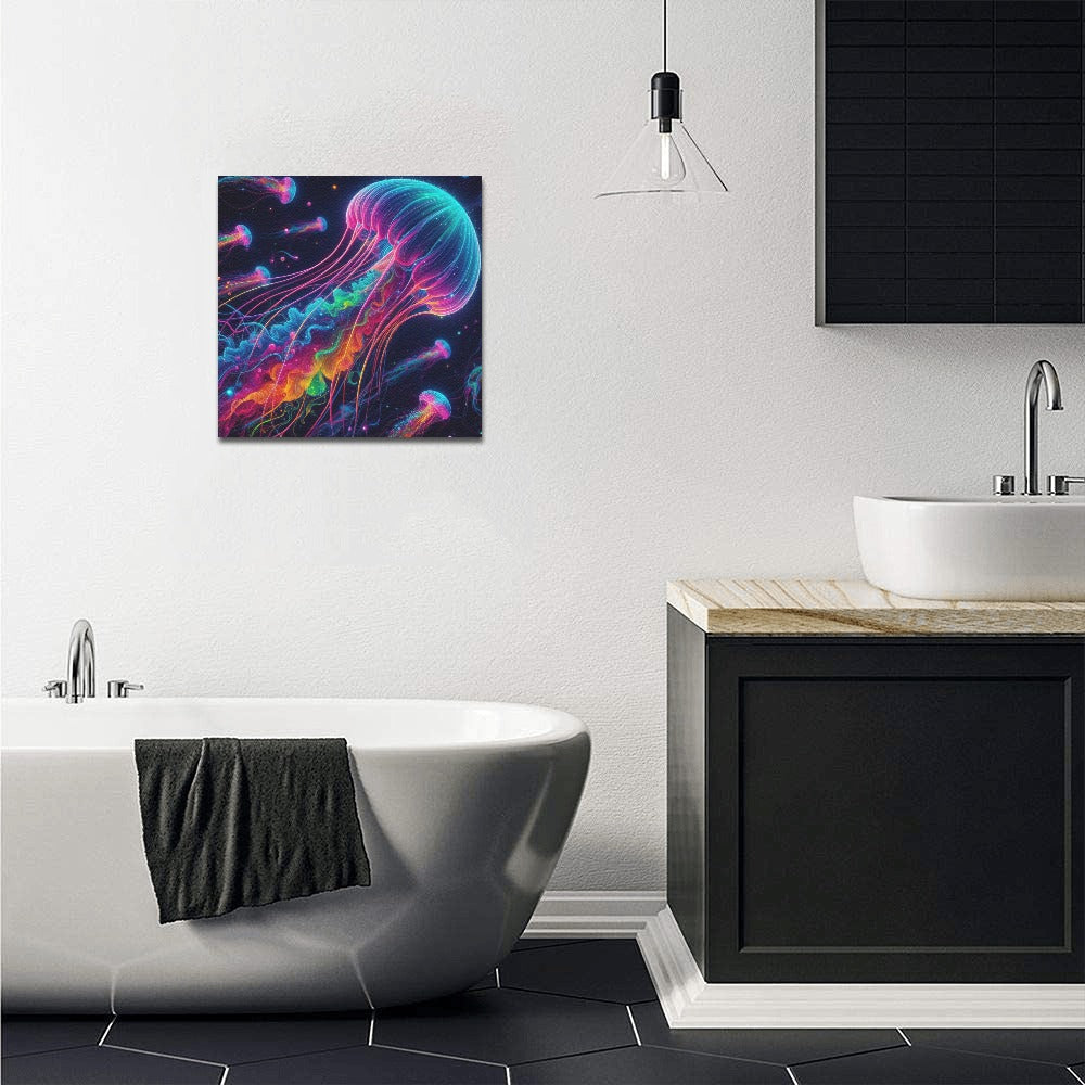 Neon Rainbow Jellyfish Framed Canvas Print 12"x12"