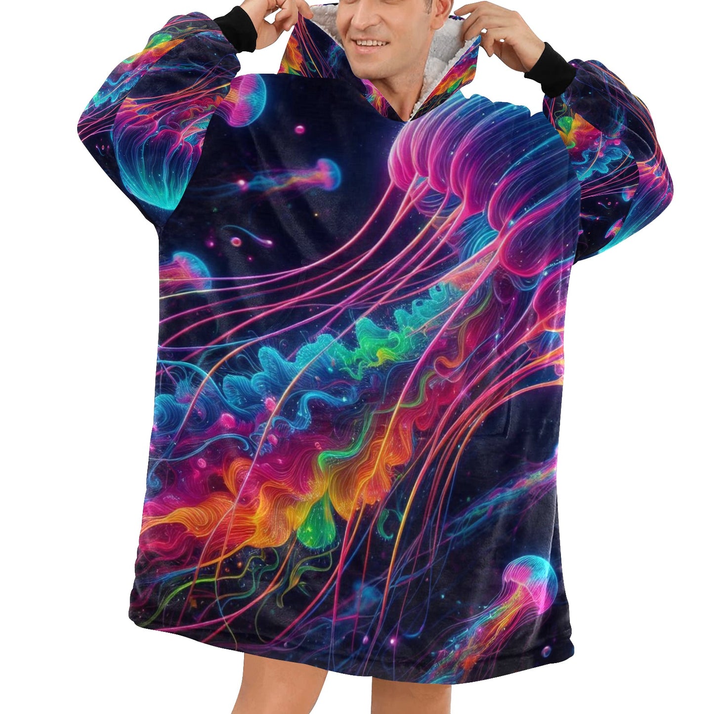 Neon Rainbow Jellyfish Blanket Hoodie for Men