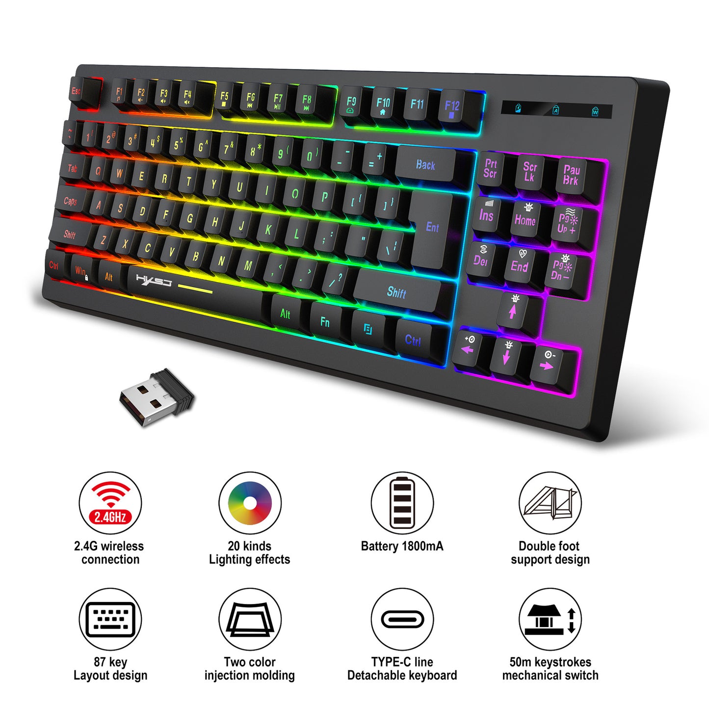 Rainbow 87-Key Wireless RGB Backlit Keyboard