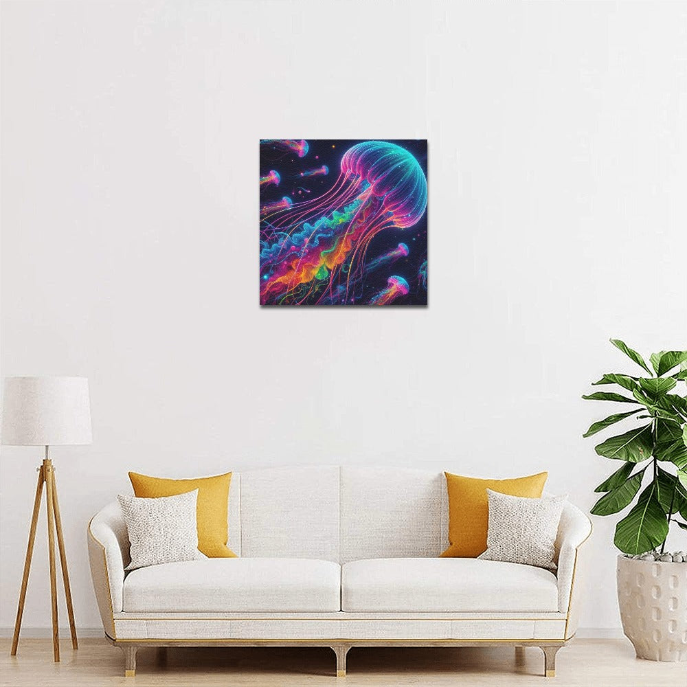 Neon Rainbow Jellyfish Framed Canvas Print 12"x12"