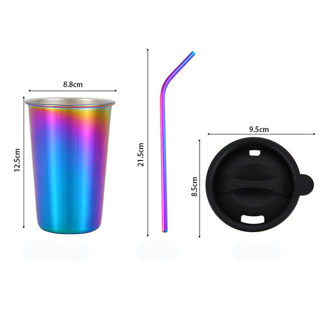 Rainbow 500ml Stainless Steel Coffee Mug with Metal Straw