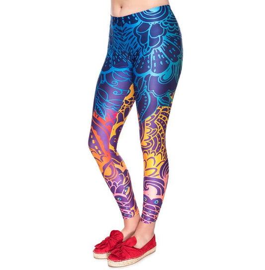 Colorful Tribal Flower Digital Print Leggings for Women