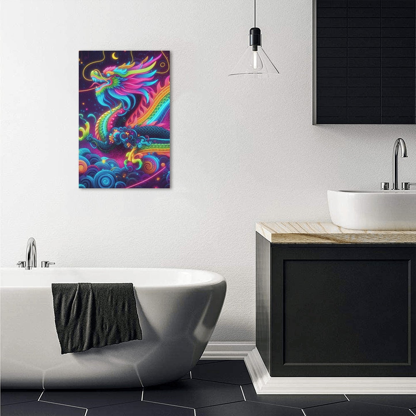 Neon Rainbow Dragon Framed Canvas Print - 12x18 inch