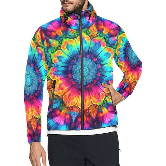 Neon Rainbow Tie-Dye Unisex Hooded Windbreaker