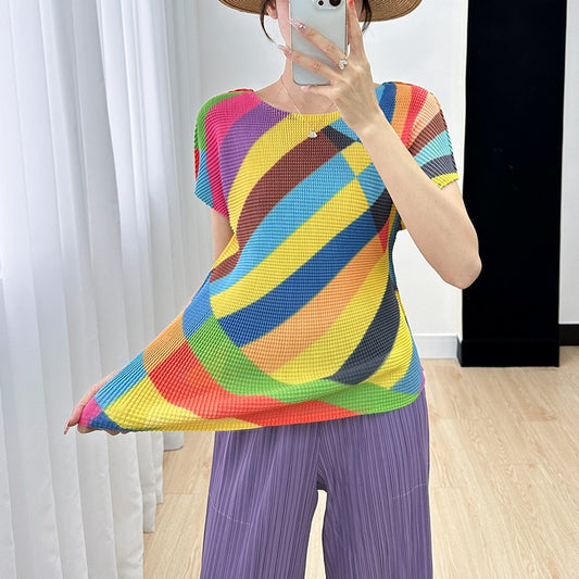 Slim Fit Pleated Rainbow Print Top for Women