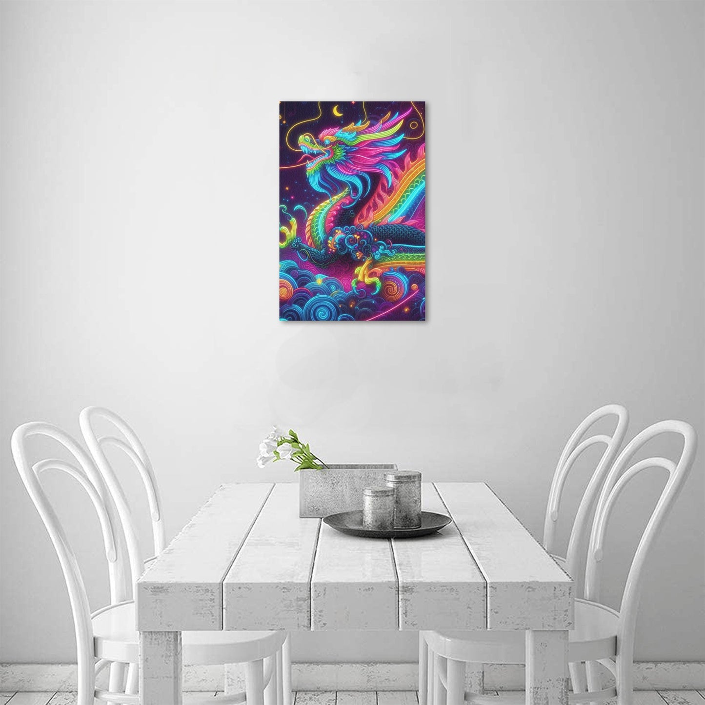 Neon Rainbow Dragon Framed Canvas Print - 12x18 inch