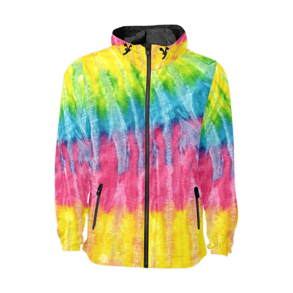 Neon Rainbow Tie-Dye Unisex Hooded Windbreaker