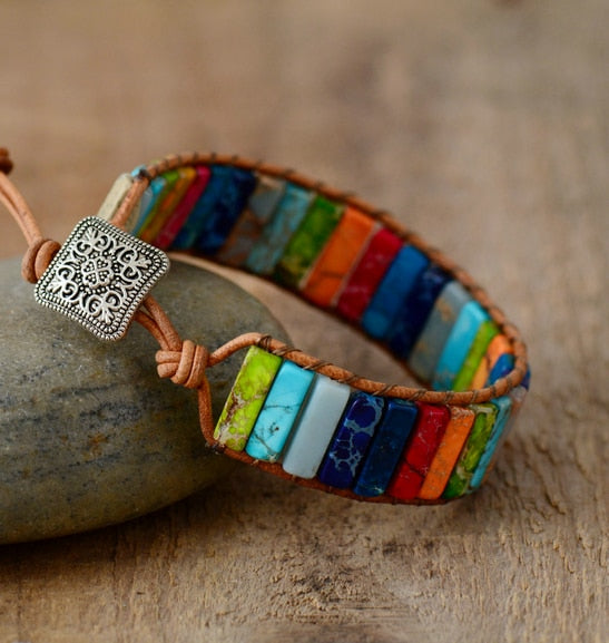 Handmade Rainbow Chakra Leather Wrap Bracelet