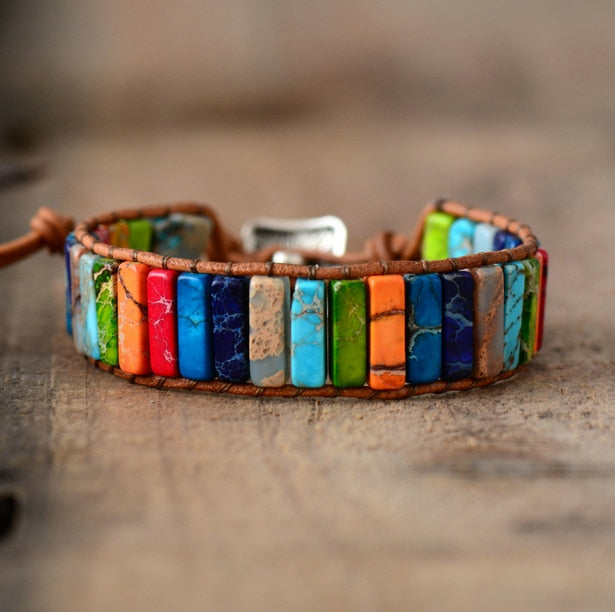 Handmade Rainbow Chakra Leather Wrap Bracelet