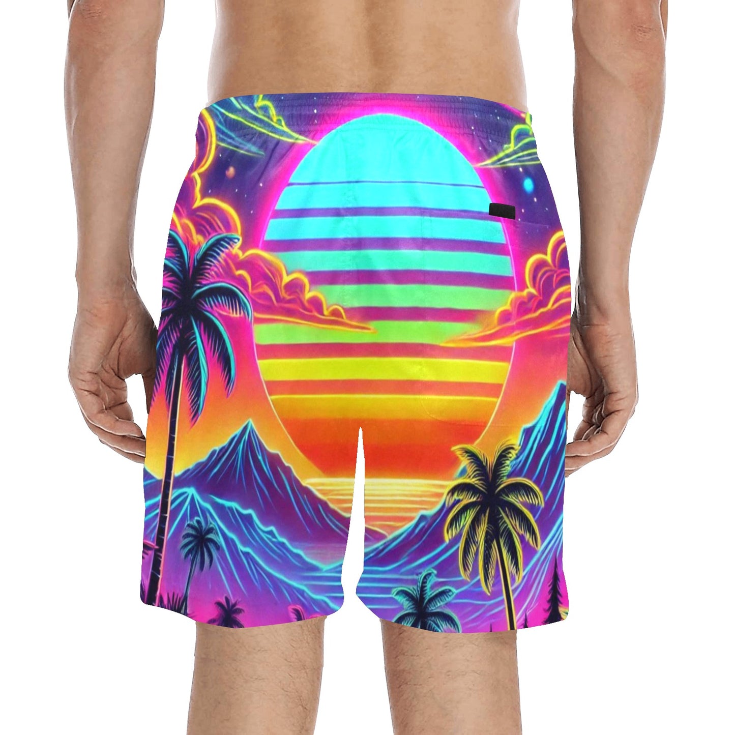 Neon Rainbow Sunset Men's Mid-Length Beach Shorts