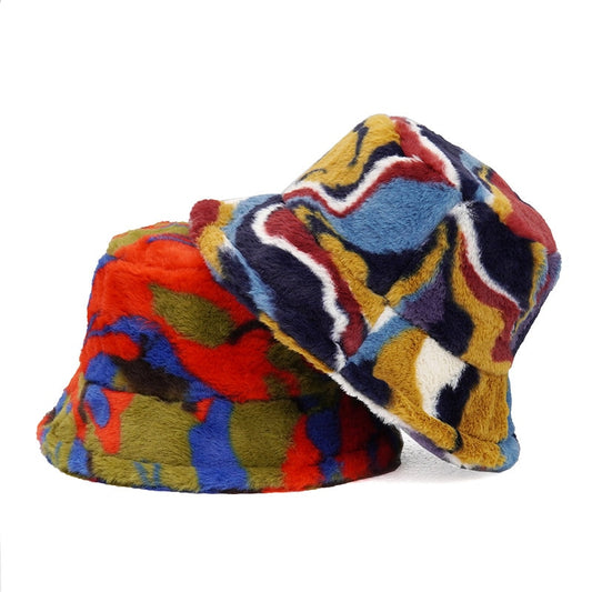 Camouflage Faux Fur Bucket Hat for Women