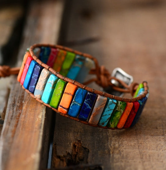 Handmade Rainbow Chakra Leather Wrap Bracelet