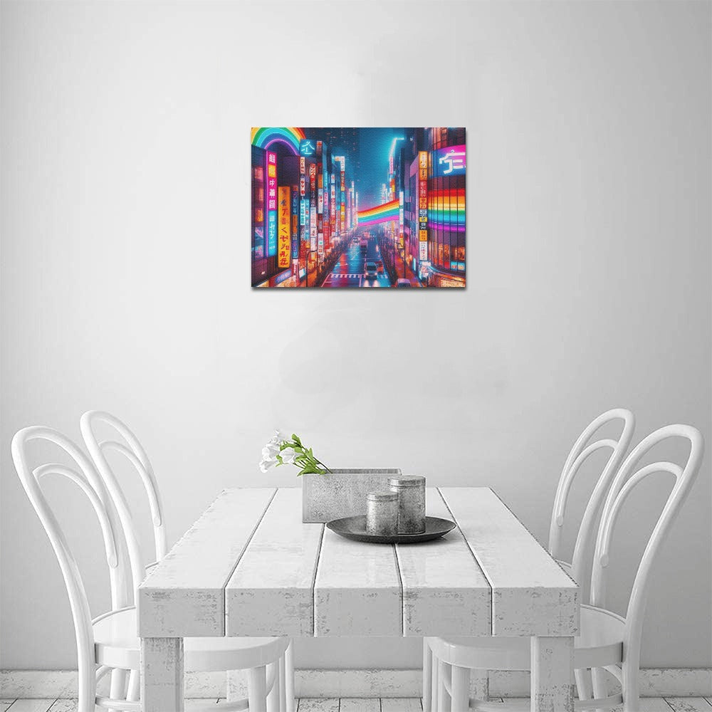 Neon Rainbow Downtown Tokyo Japan Framed Canvas Print