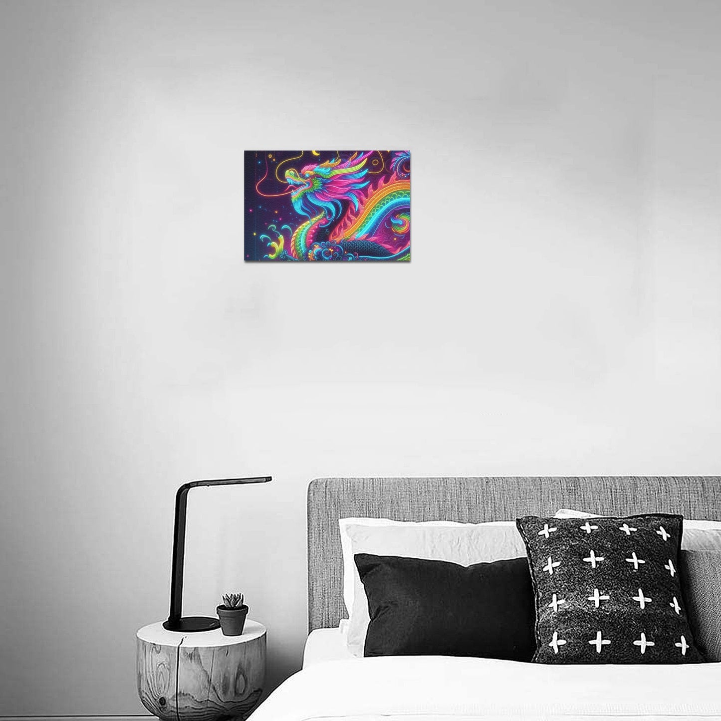 Neon Rainbow Dragon Framed Canvas Print 12" x 8"