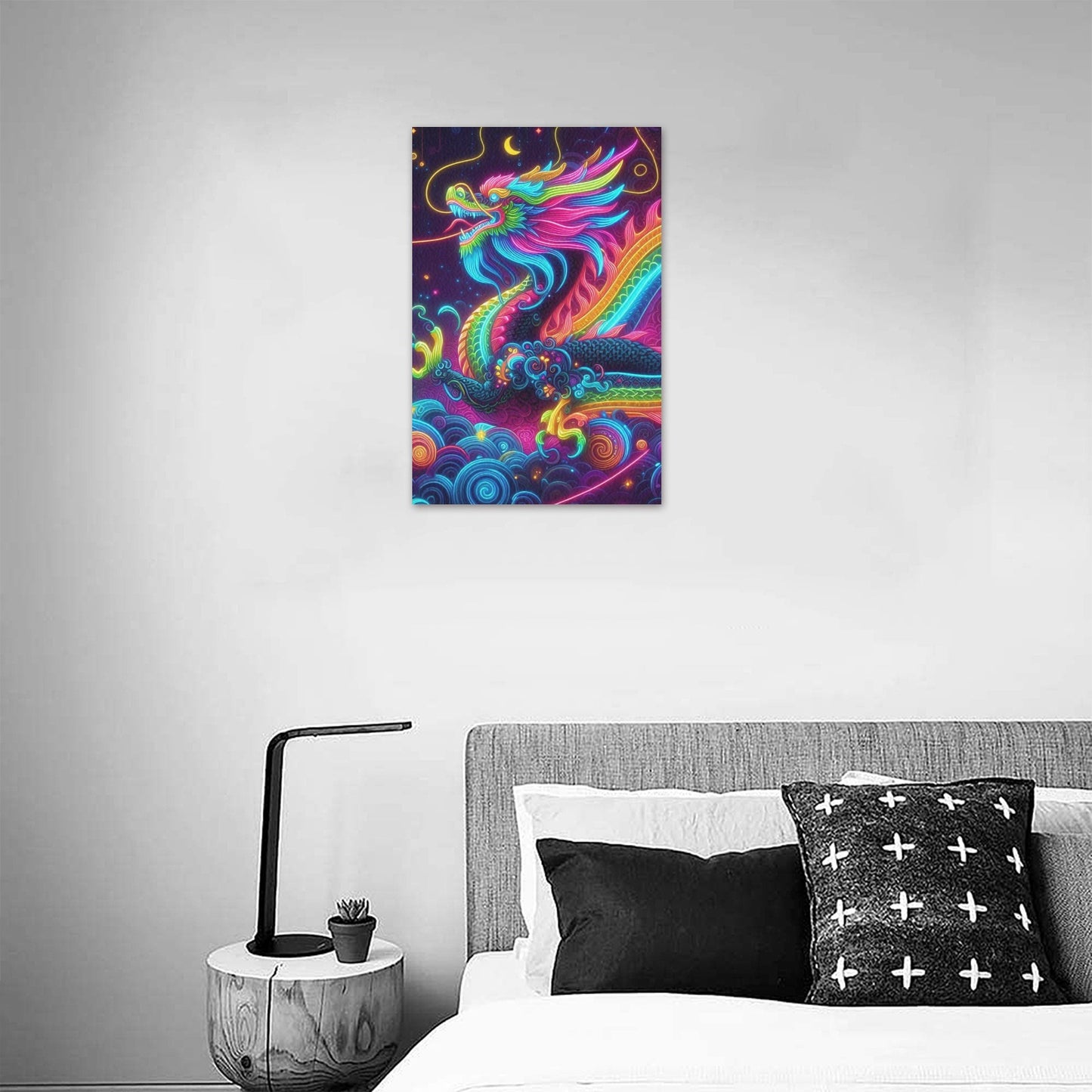 Neon Rainbow Dragon Framed Canvas Print - 12x18 inch