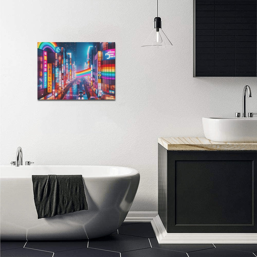 Neon Rainbow Downtown Tokyo Japan Framed Canvas Print