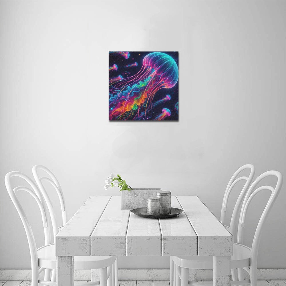 Neon Rainbow Jellyfish Framed Canvas Print 12"x12"