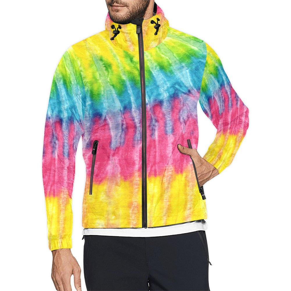 Neon Rainbow Tie-Dye Unisex Hooded Windbreaker