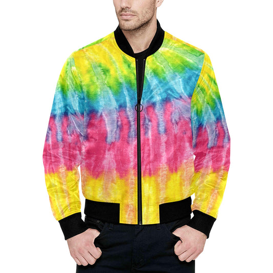 Neon Rainbow Tie-Dye Quilted Bomber Jacket for Men