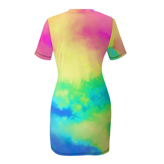 Watercolor White Short Sleeve Crew Neck Dress