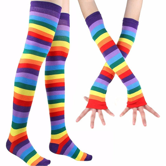 Women’s Rainbow Striped Thigh High Socks & Fingerless Gloves Set