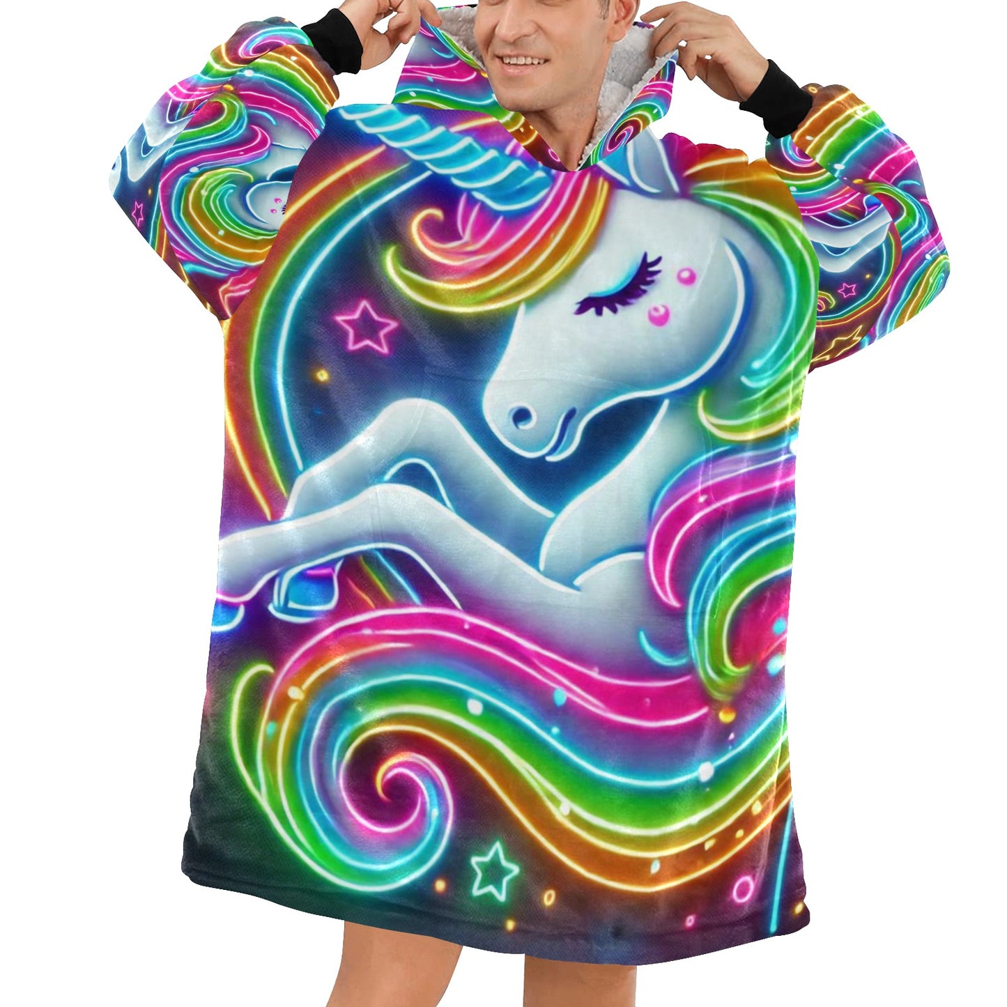 Neon Rainbow Unicorn Blanket Hoodie for Men