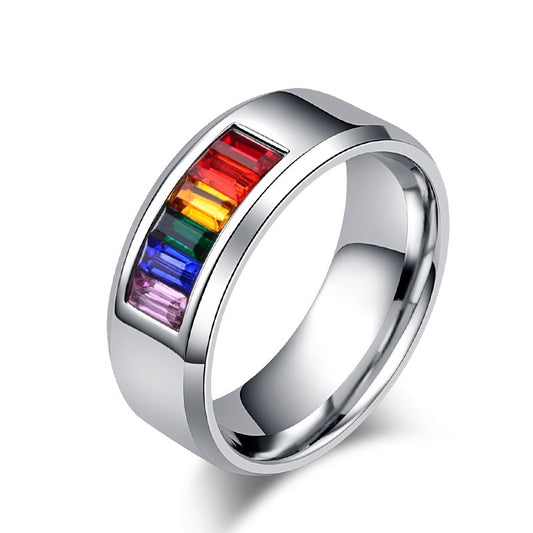 Titanium Steel Rainbow Flag Ring for Couples