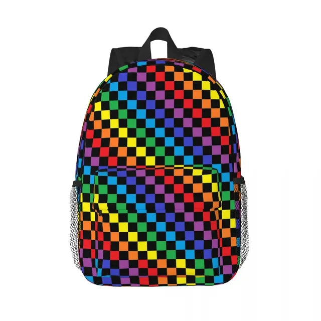 Checkered Rainbow Black Backpack for Teenagers