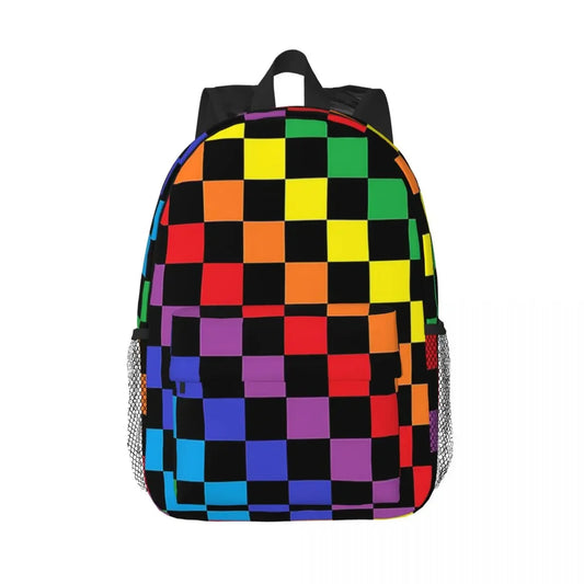 Checkered Rainbow Black Backpack for Teenagers