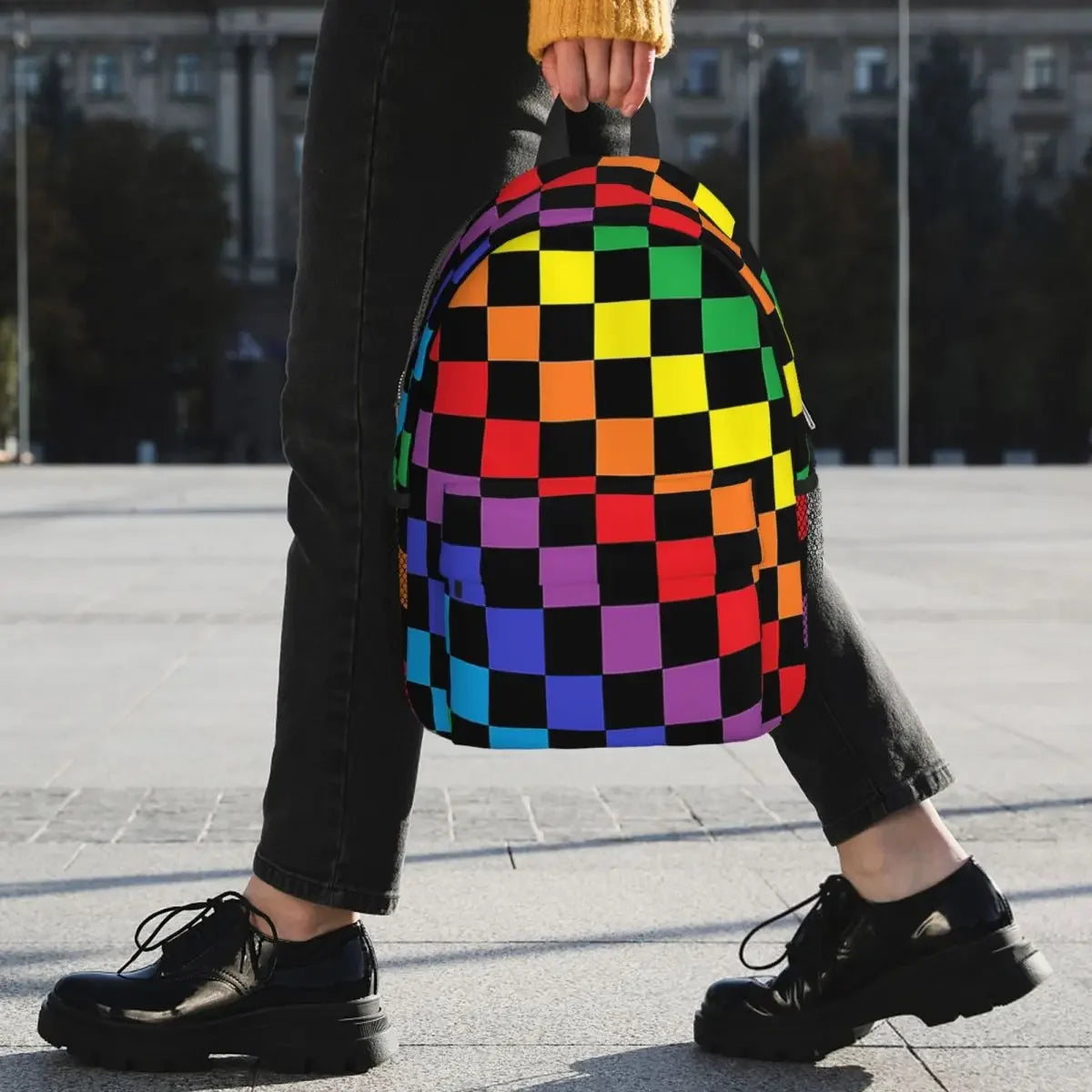 Checkered Rainbow Black Backpack for Teenagers