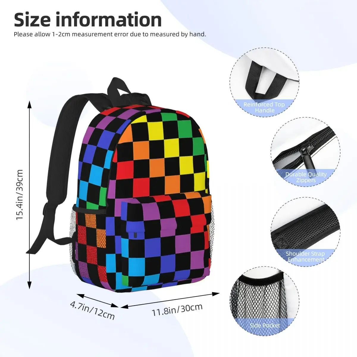 Checkered Rainbow Black Backpack for Teenagers