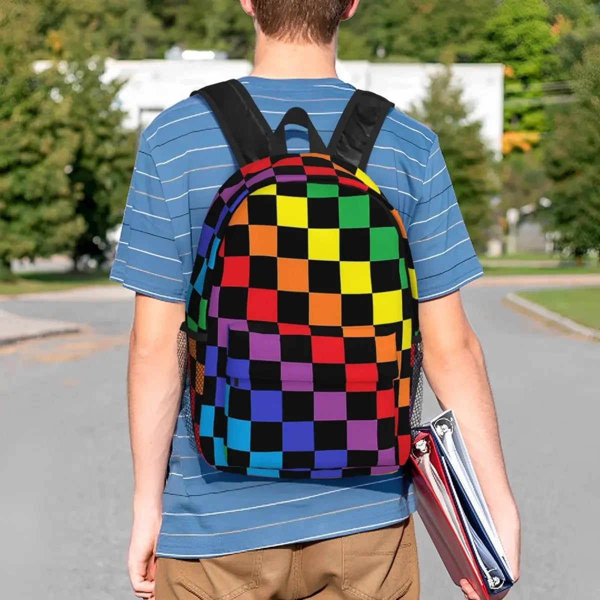 Checkered Rainbow Black Backpack for Teenagers