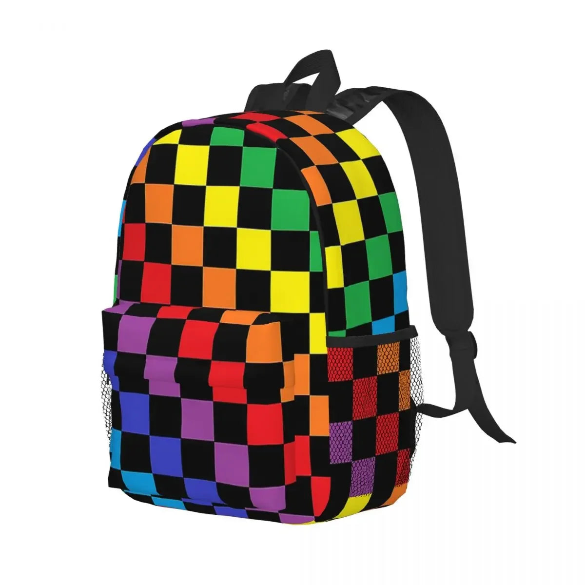 Checkered Rainbow Black Backpack for Teenagers