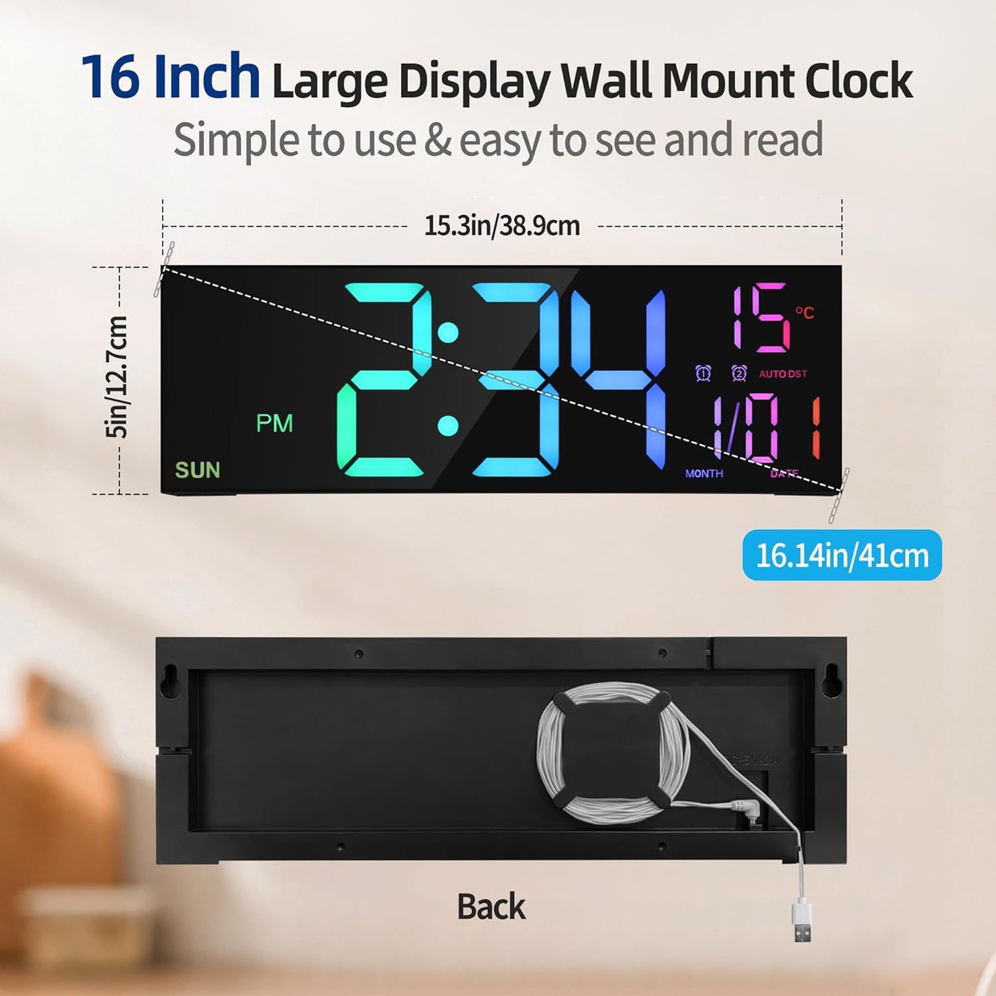 Rainbow Large Digital Wall Clock with Remote Control