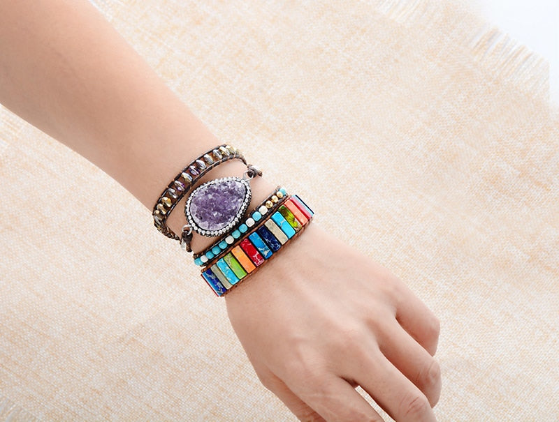 Handmade Rainbow Chakra Leather Wrap Bracelet