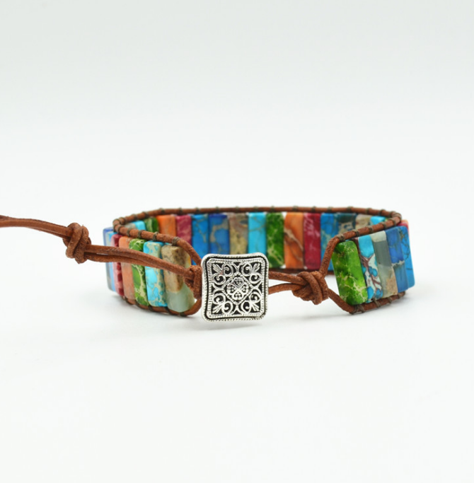 Handmade Rainbow Chakra Leather Wrap Bracelet