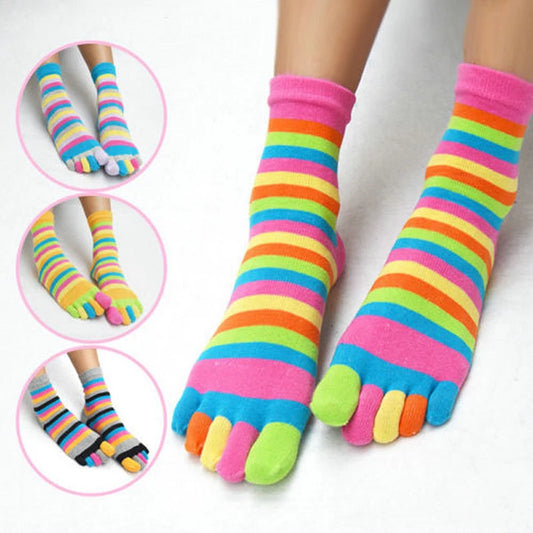 Women's Colorful Striped Rainbow Toe Socks - Breathable Cotton