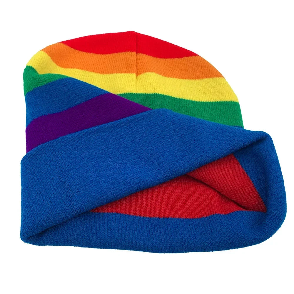 Rainbow Print Knitted Beanie - Warm Cycling & Ski Hat