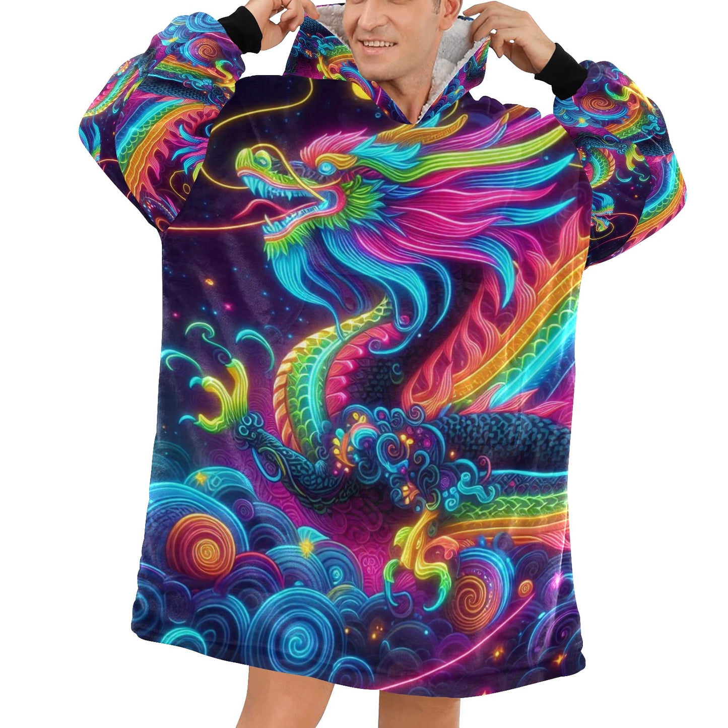 Neon Rainbow Dragon Blanket Hoodie for Men