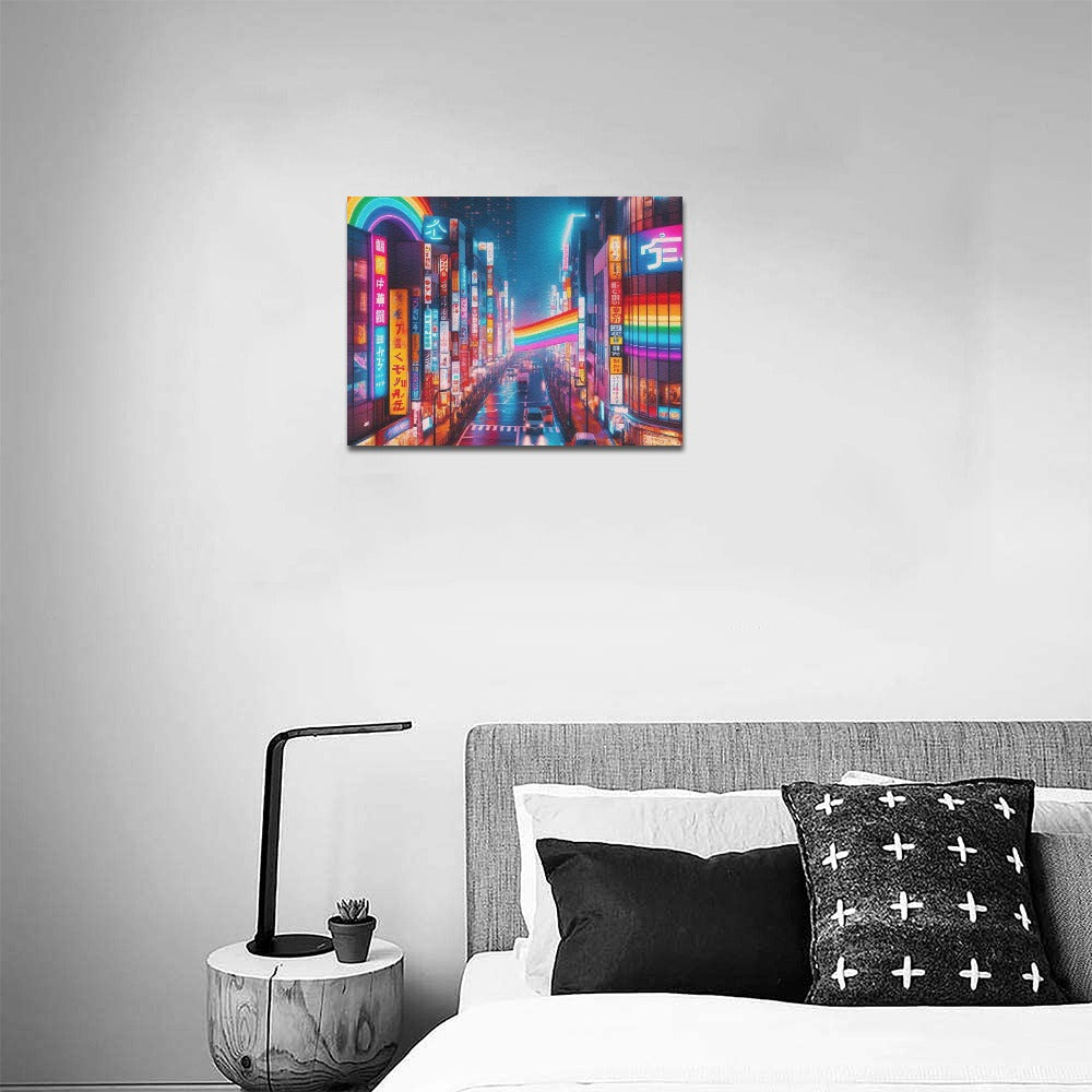 Neon Rainbow Downtown Tokyo Japan Framed Canvas Print