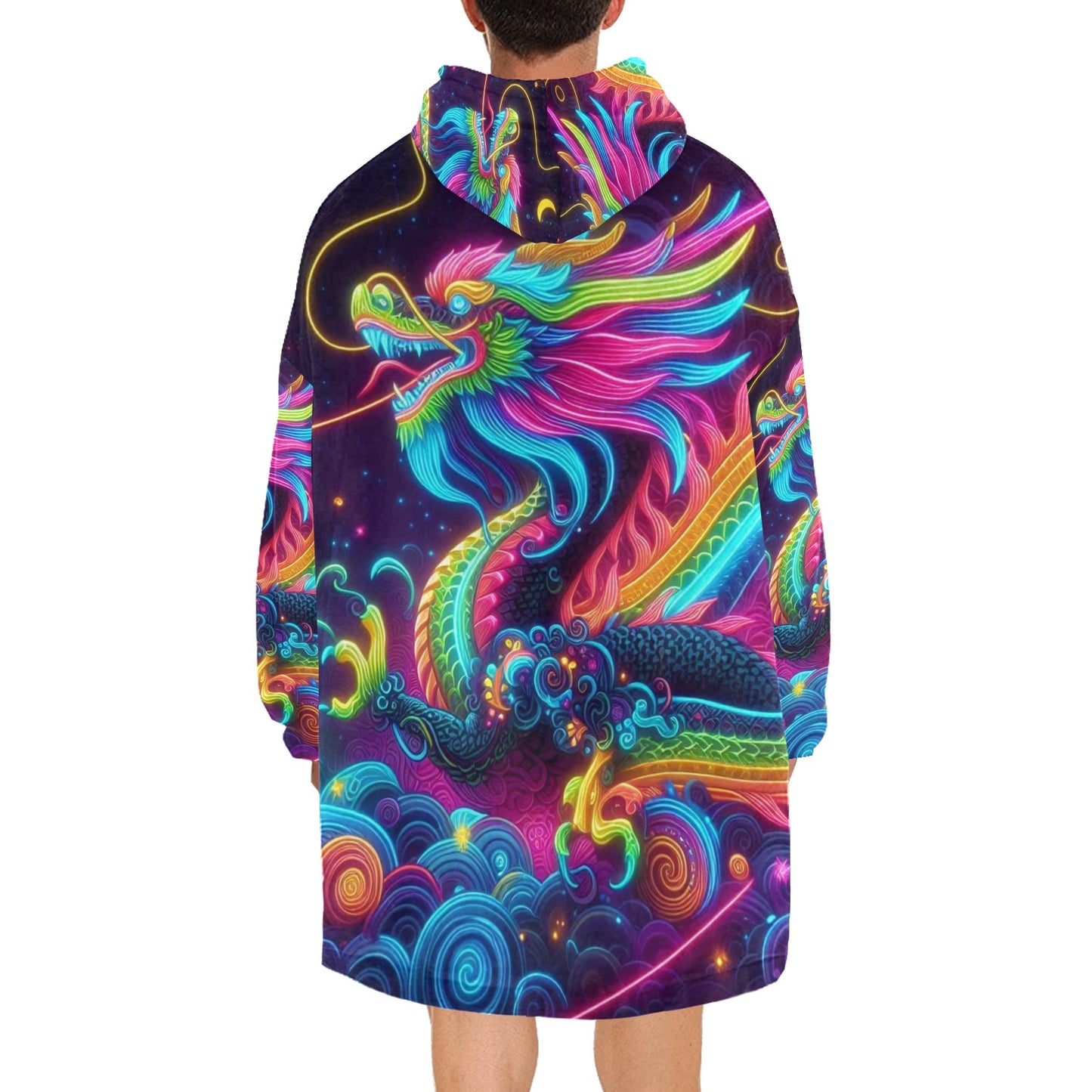 Neon Rainbow Dragon Blanket Hoodie for Men