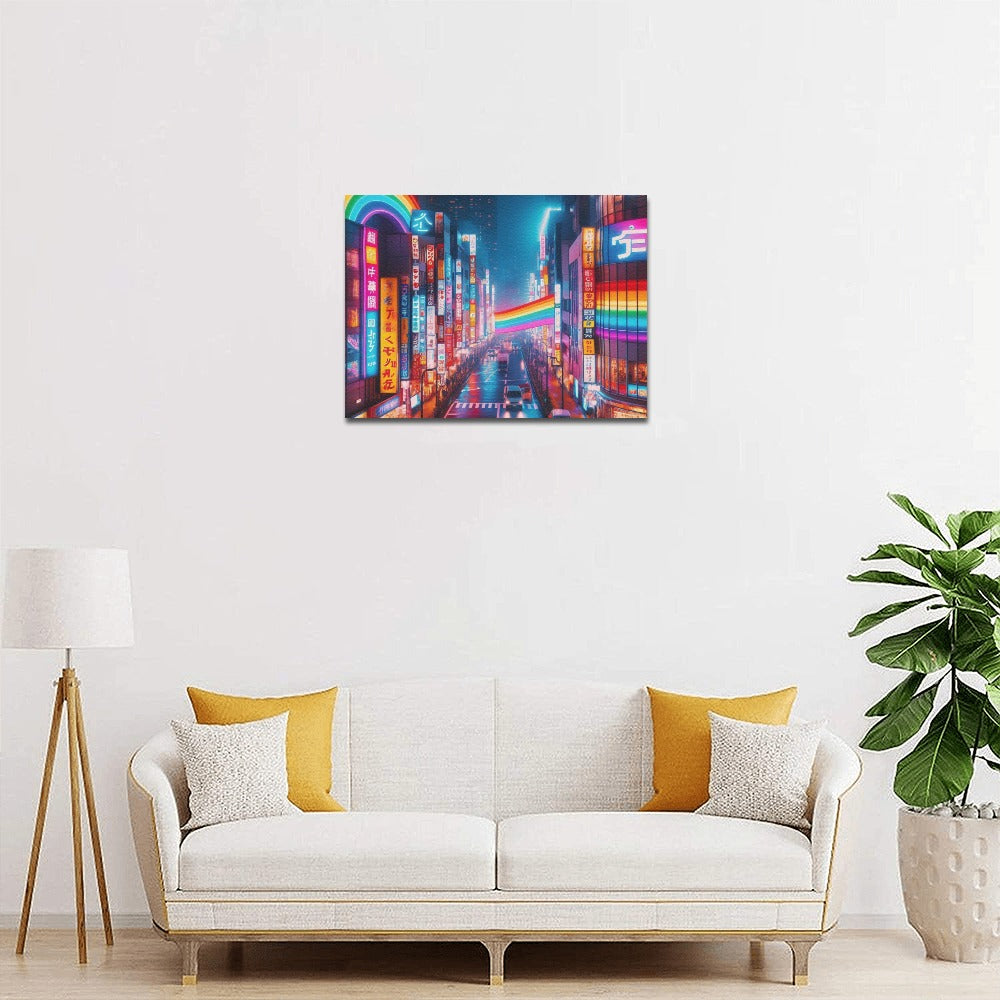 Neon Rainbow Downtown Tokyo Japan Framed Canvas Print