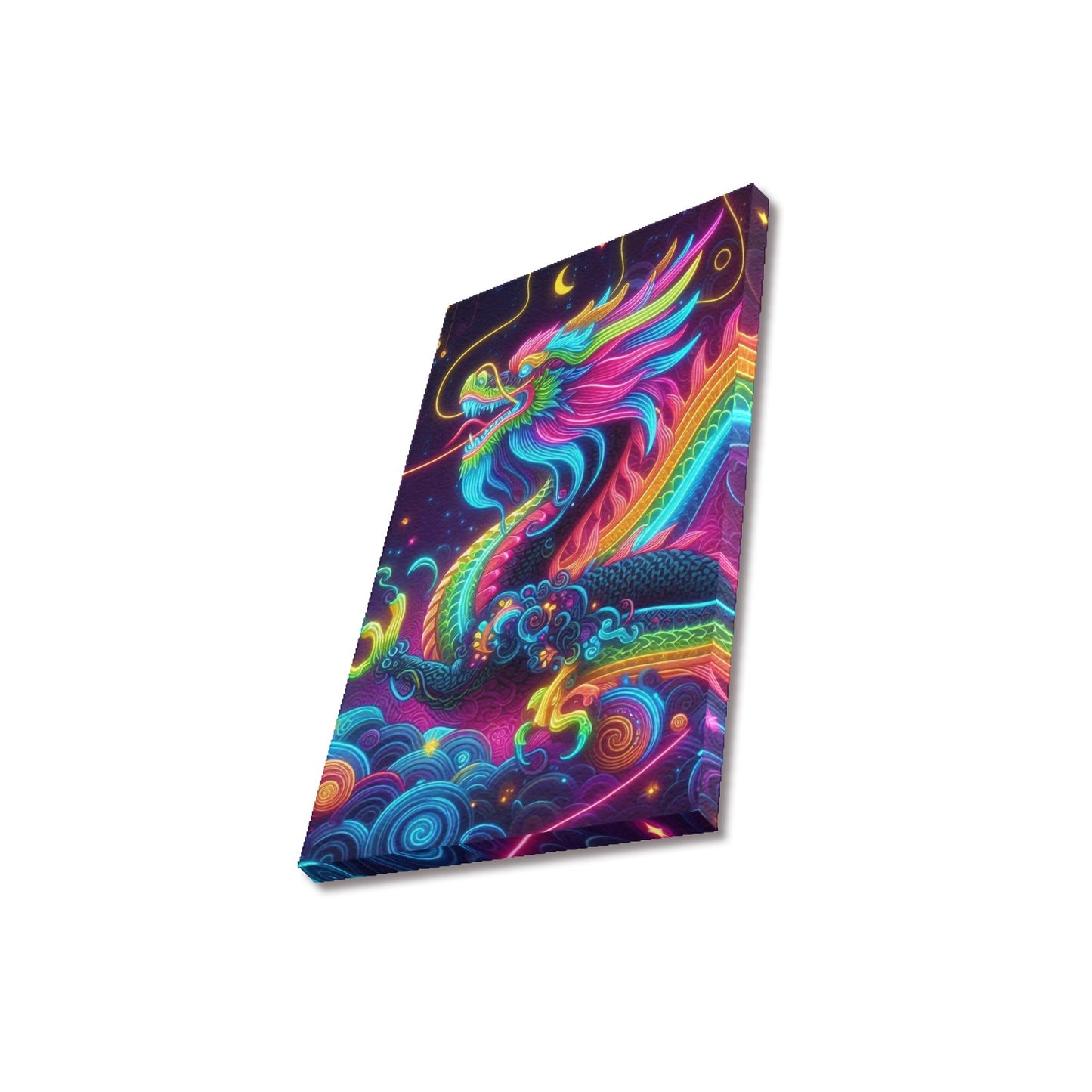 Neon Rainbow Dragon Framed Canvas Print - 12x18 inch